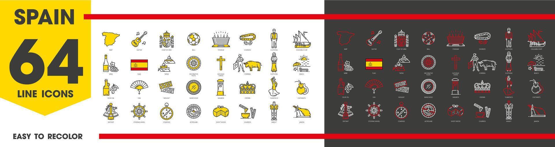 Spain travel landmark and tourism line icons vector