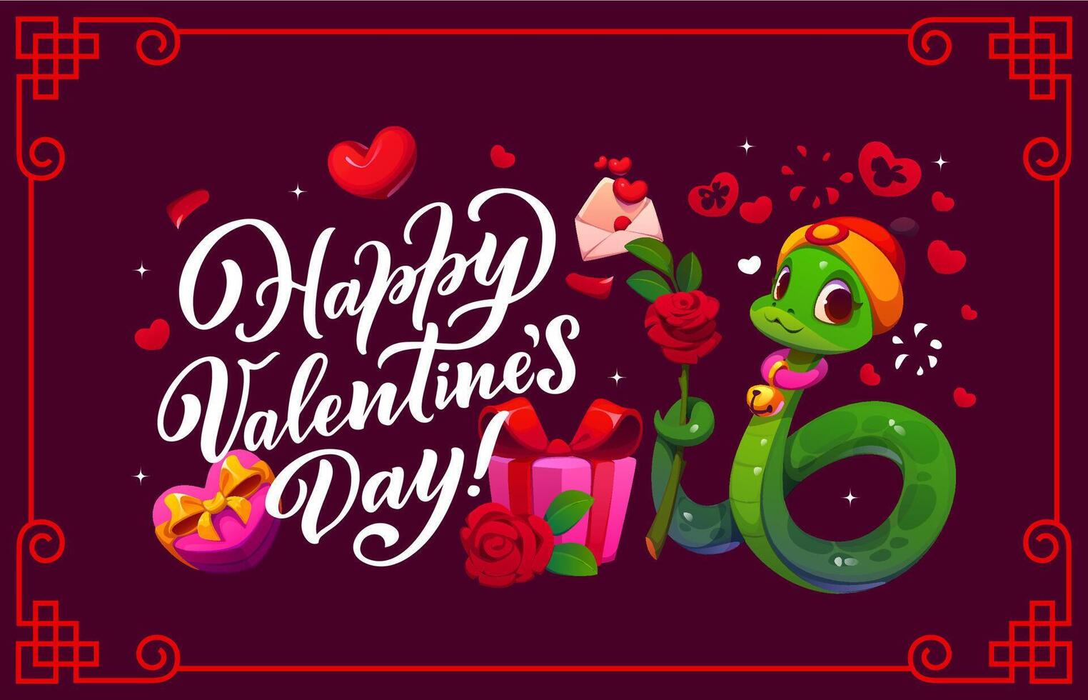 Happy valentines day greeting card with cute snake vector