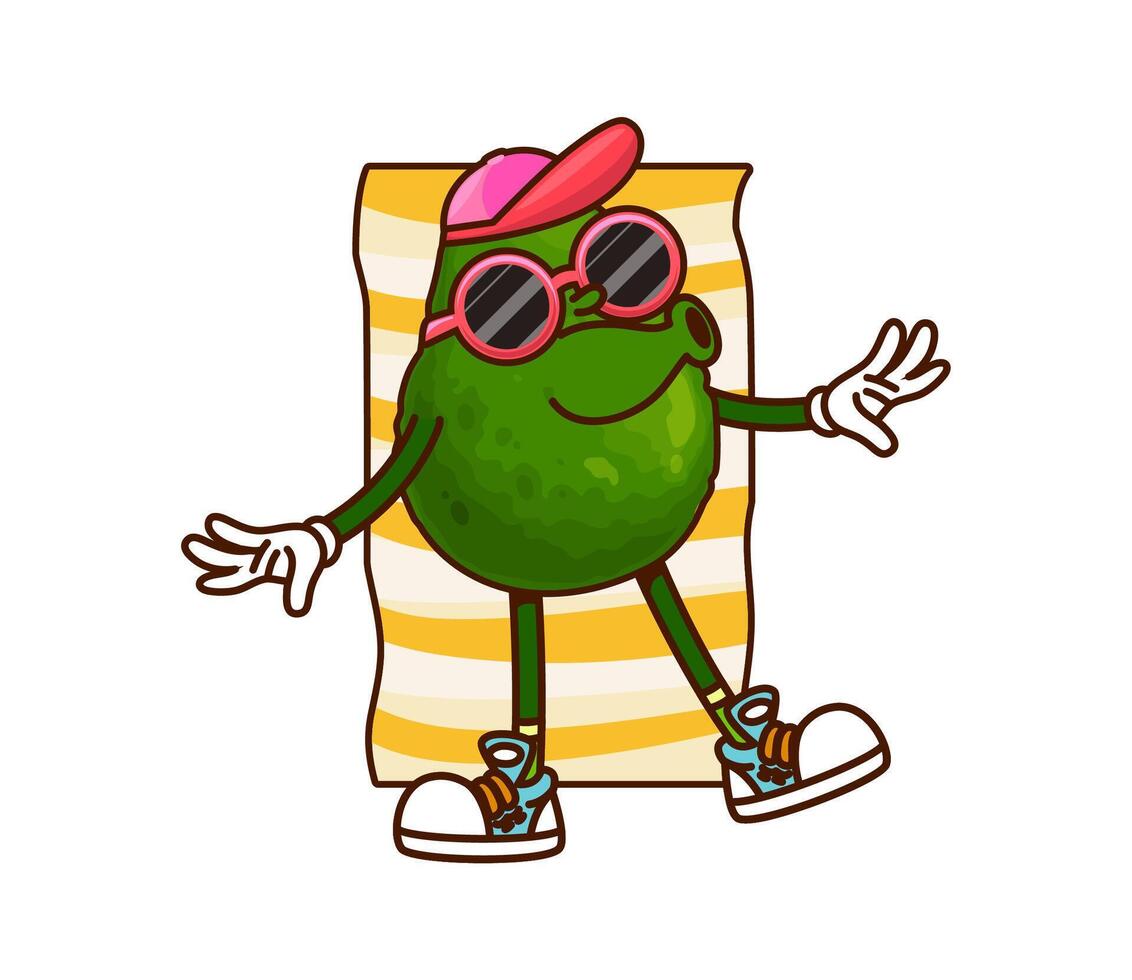Cartoon groovy avocado character relaxing on beach vector