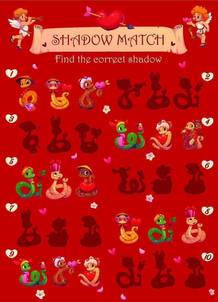 Shadow match valentines game worksheet with snakes vector