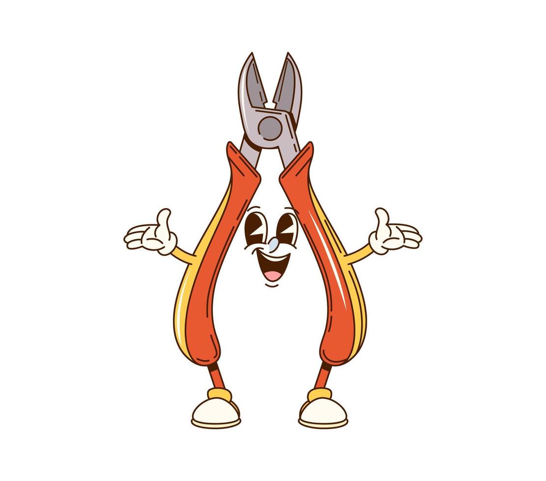 Cartoon groovy wire cutters character, DIY tool vector