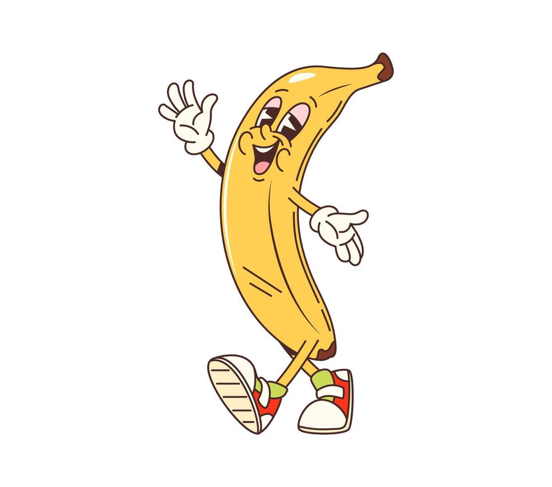 Cartoon groovy retro banana fruit funny character vector