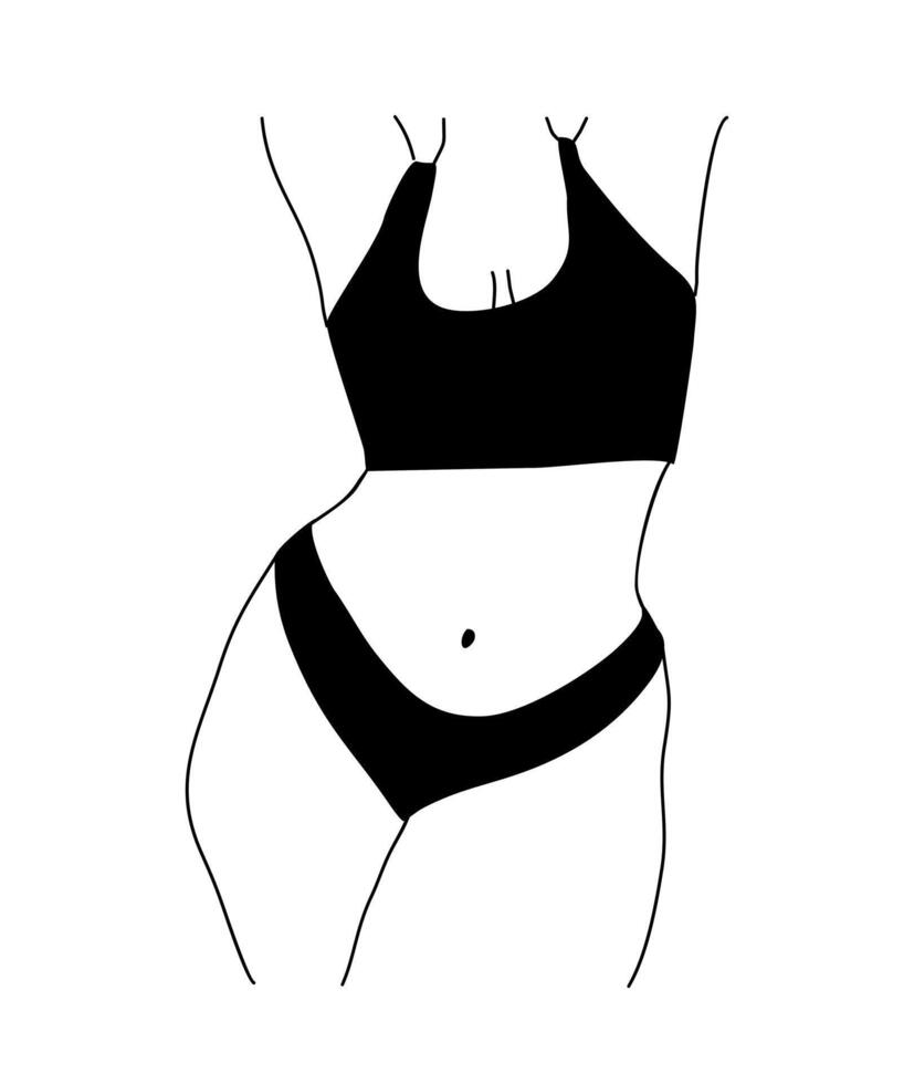 Line art illustration of curvy woman in underwear. Plus size girl in bikini Body positive abstract minimalist drawing for wall art, poster, card, logo. Isolated on white background. vector