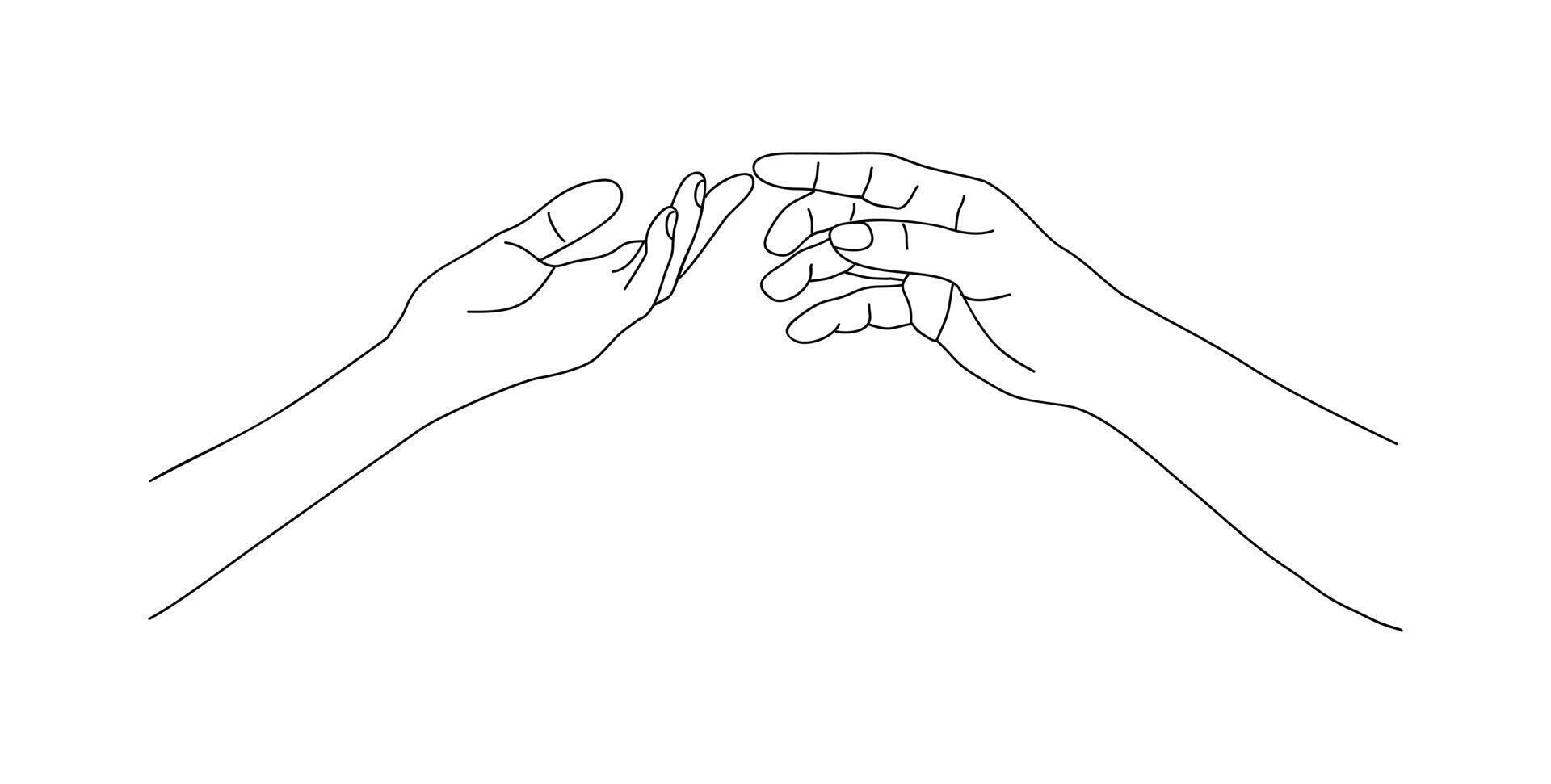 Two hands reaching towards, touching each other. Support and helping hand, relationship, friendship concept. Monochrome hand drawn line art vector