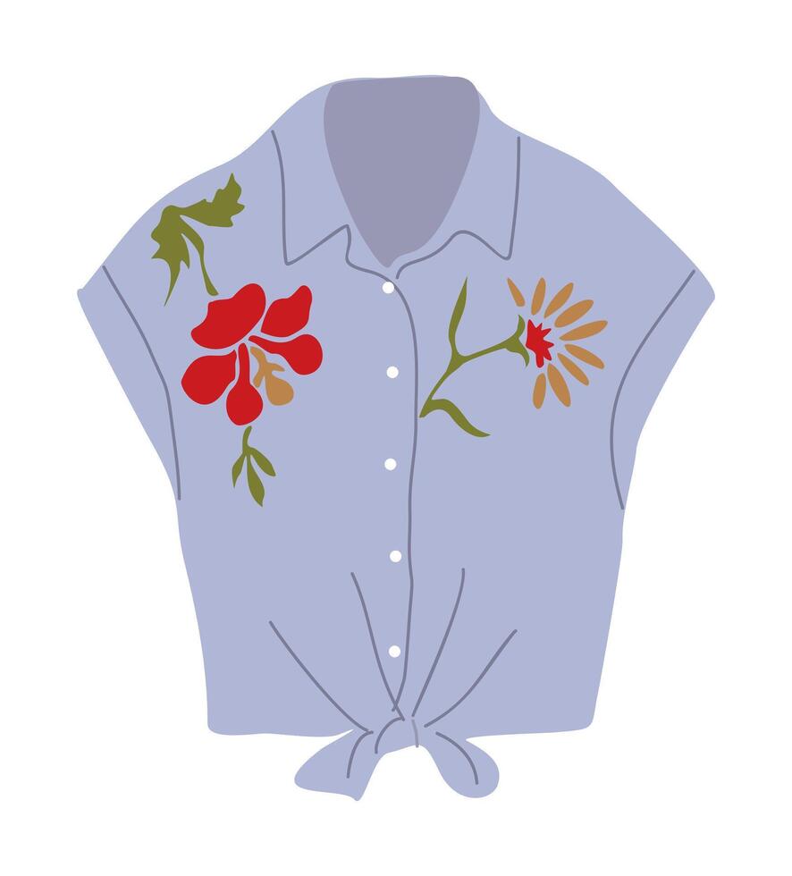 Casual blue sleeveless shirt with embroidered flowers, modern womans summer garment. Fashion blouse. Cotton clothes, wearing, apparel vector