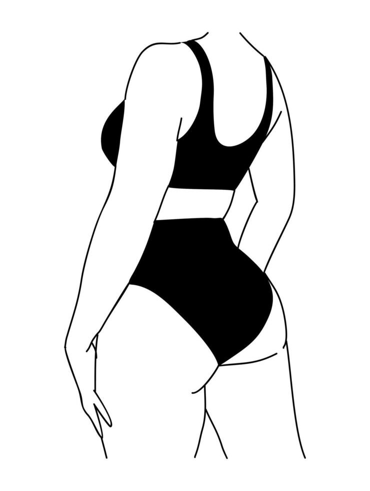 Line art illustration of woman in underwear. Plus size girl in bikini Body positive abstract minimalist drawing for wall art, poster, card, logo. Isolated on white background. vector