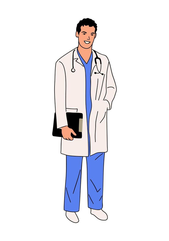 Young smiling male doctor. Male medic worker in uniform with stethoscope and tablet vector