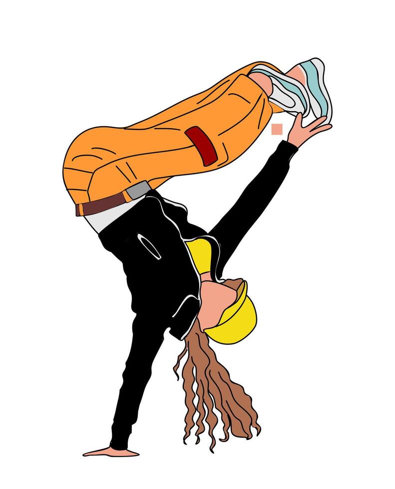 Girl dancing street dance in urban hip hop style. Female Dancer jumping and dancing break dance. Cartoon character vector