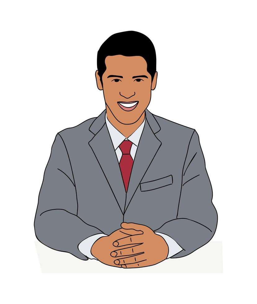 Smiling businessman sitting at desk. Handsome young man in formal suit and tie vector
