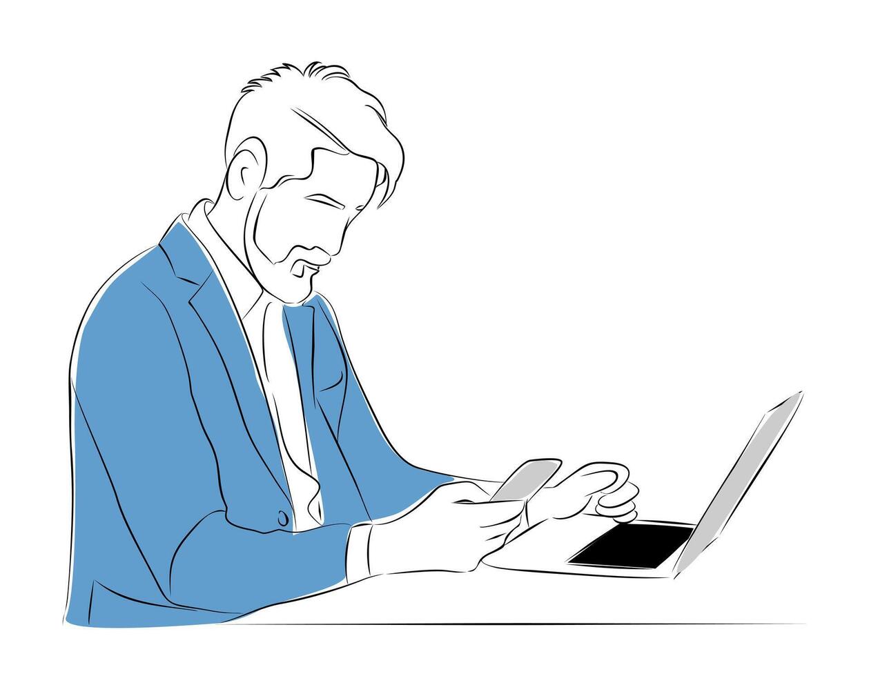 Business man sitting with laptop and mobile phone and working. vector