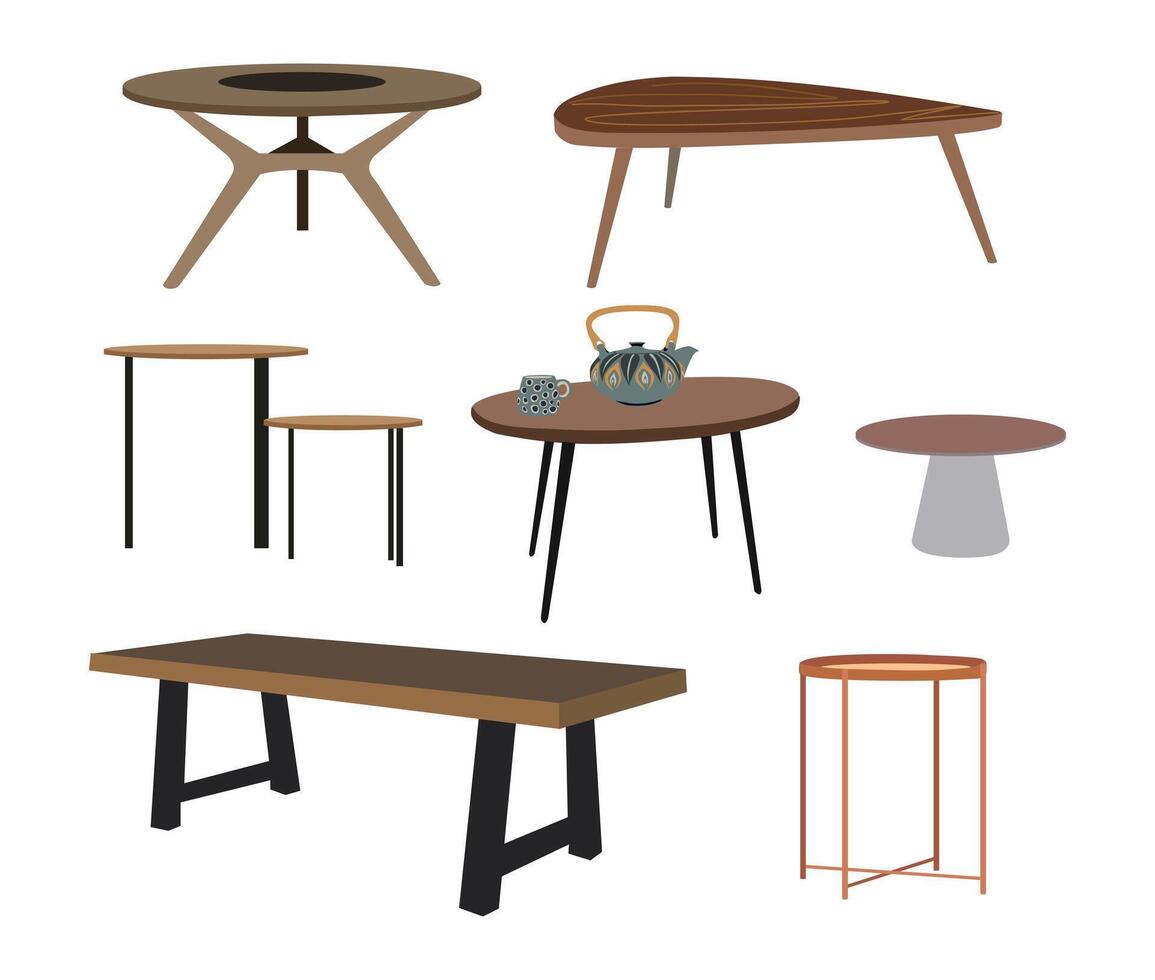 Table set. Modern trendy dining furniture, coffee tables, different round and irregular shapes, sizes. vector