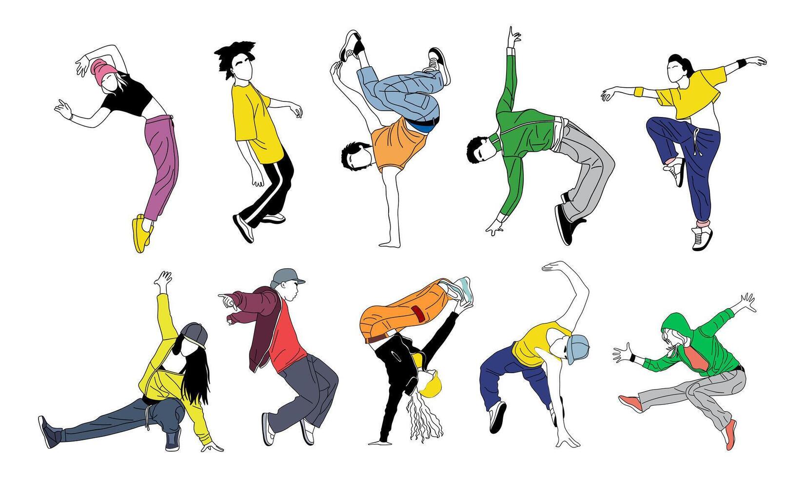 Set of teenager dancers hip hop, breakdance outline vector