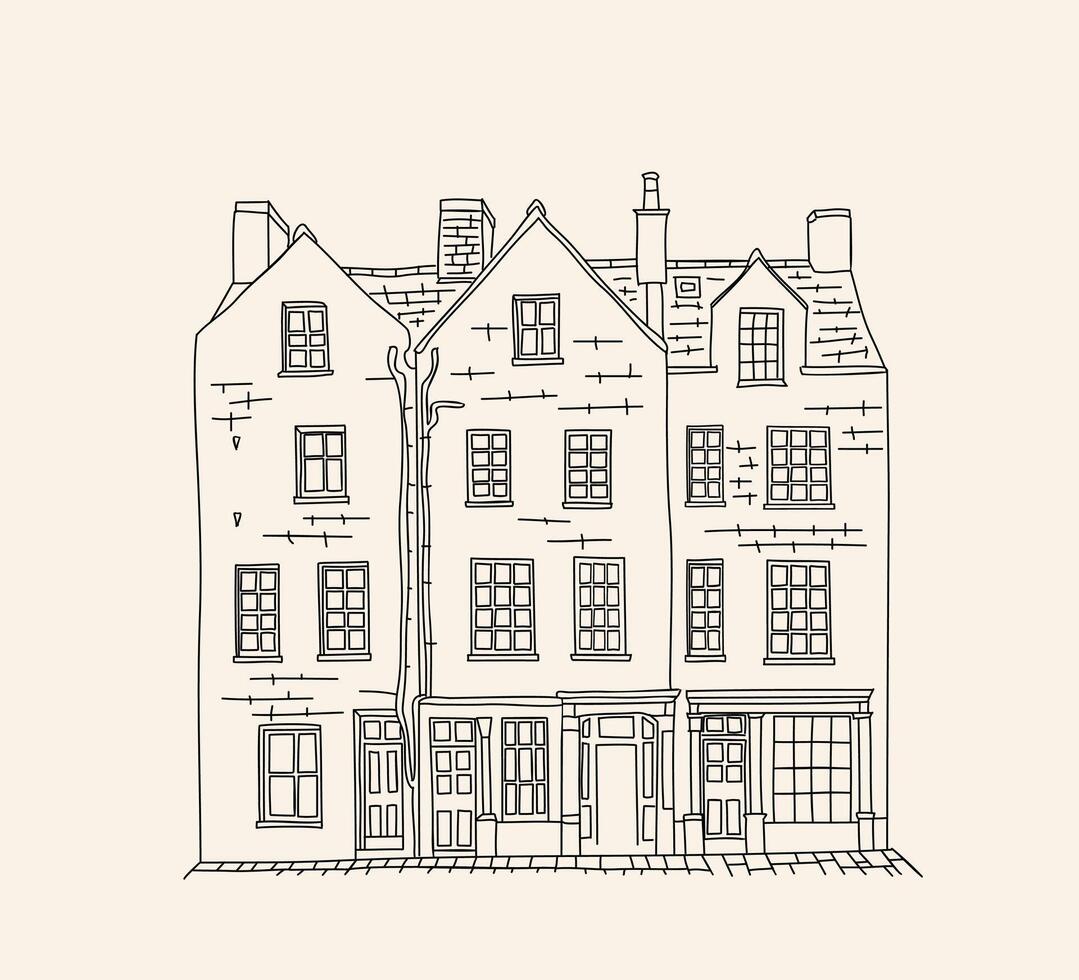 Old city street large building with a lot of windows and a chimney. House sketch vector