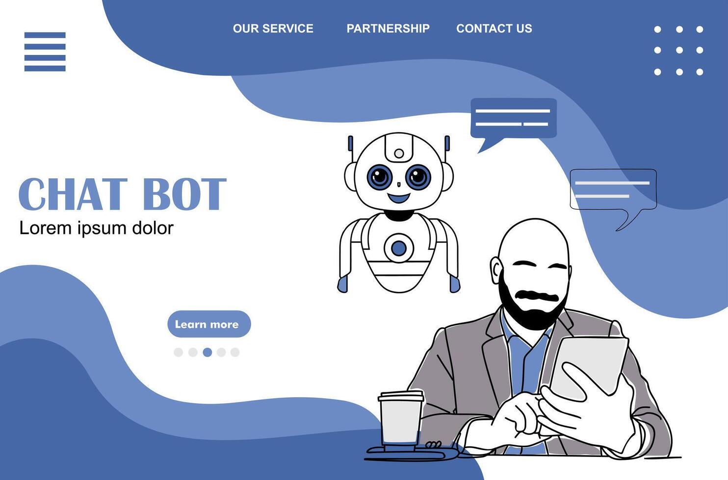 Landing page, web site template with AI chat bot virtual assistant. Artificial Intelligence in business process concept vector