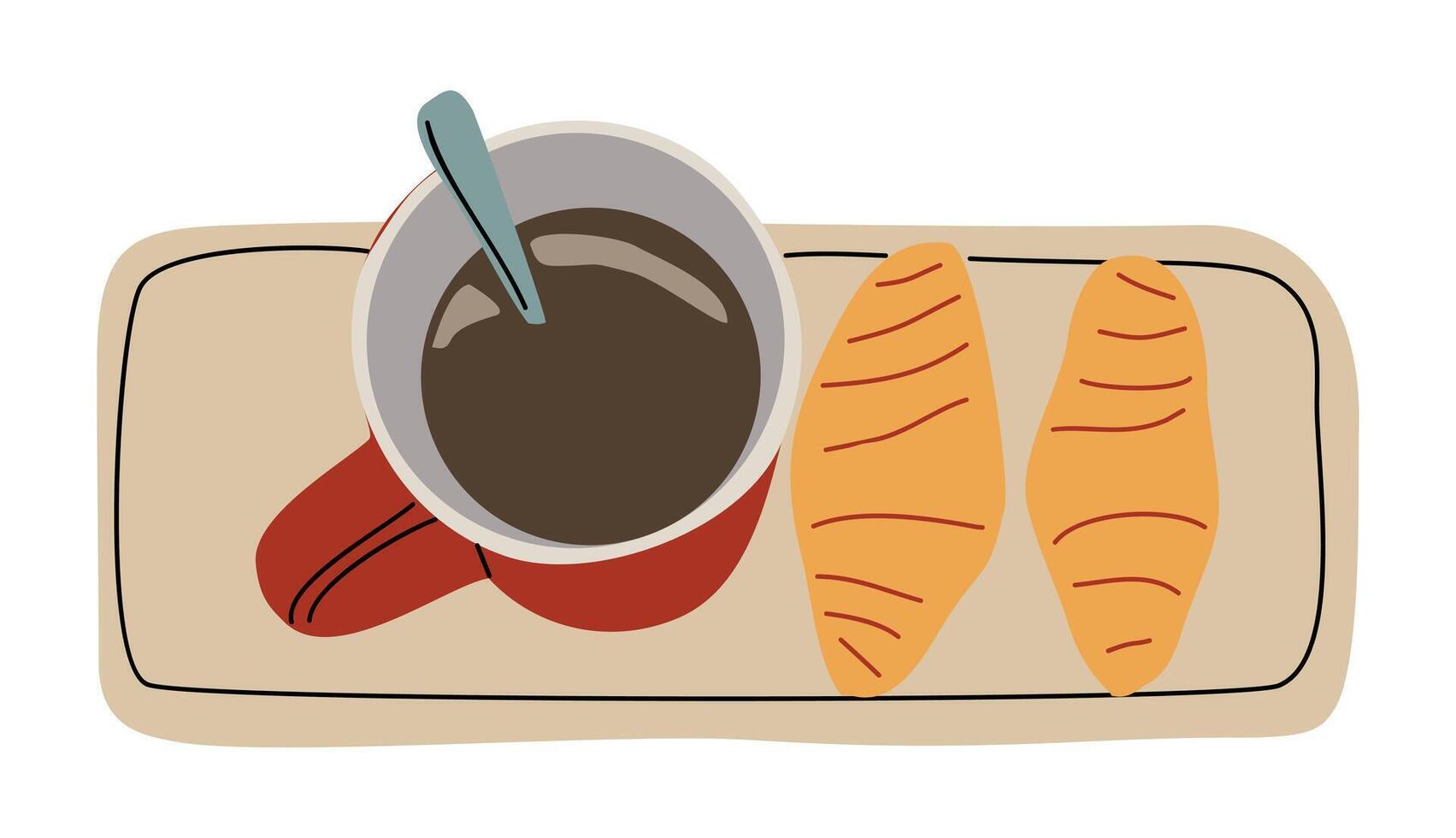 Hot coffee cup with desserts set. Coffee beverage, americano in mug with bakery croissants on wooden tray top view vector