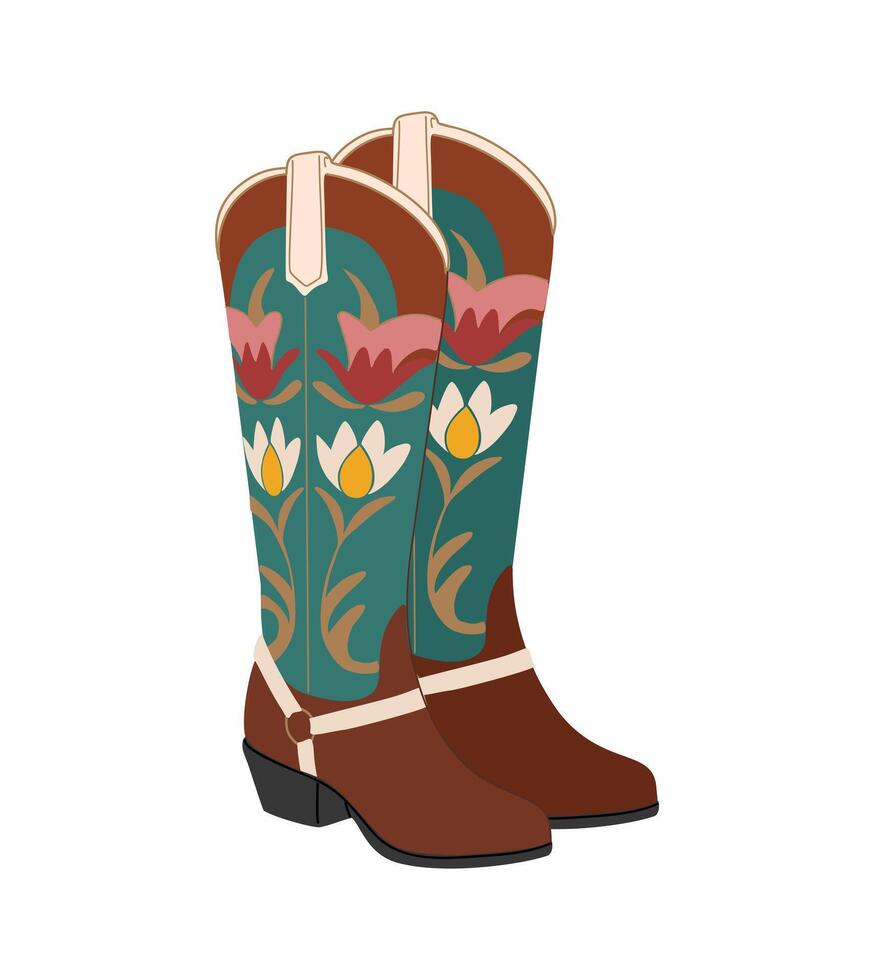 Pair of western cowboy boots. Stylish cowgirl boots embroidered with traditional floral symbols. vector