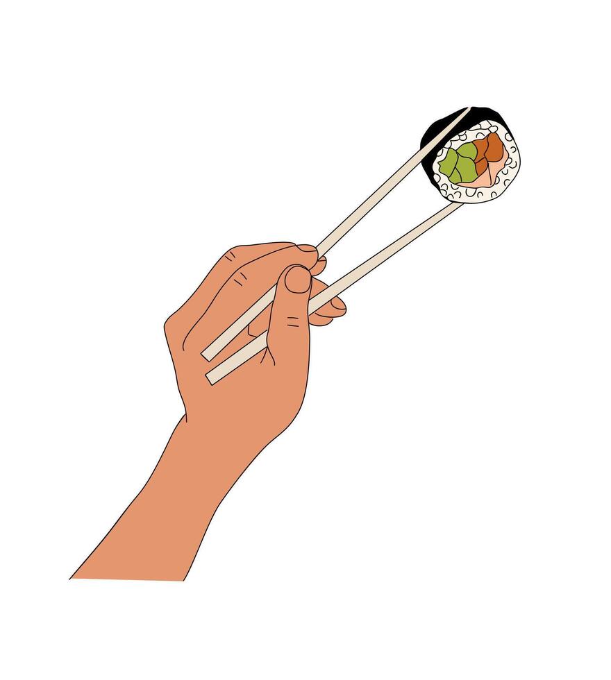 Hand holding chopsticks with sushi roll. Asian cuisine and culture, wooden sticks for eating Japanese and Chinese food vector