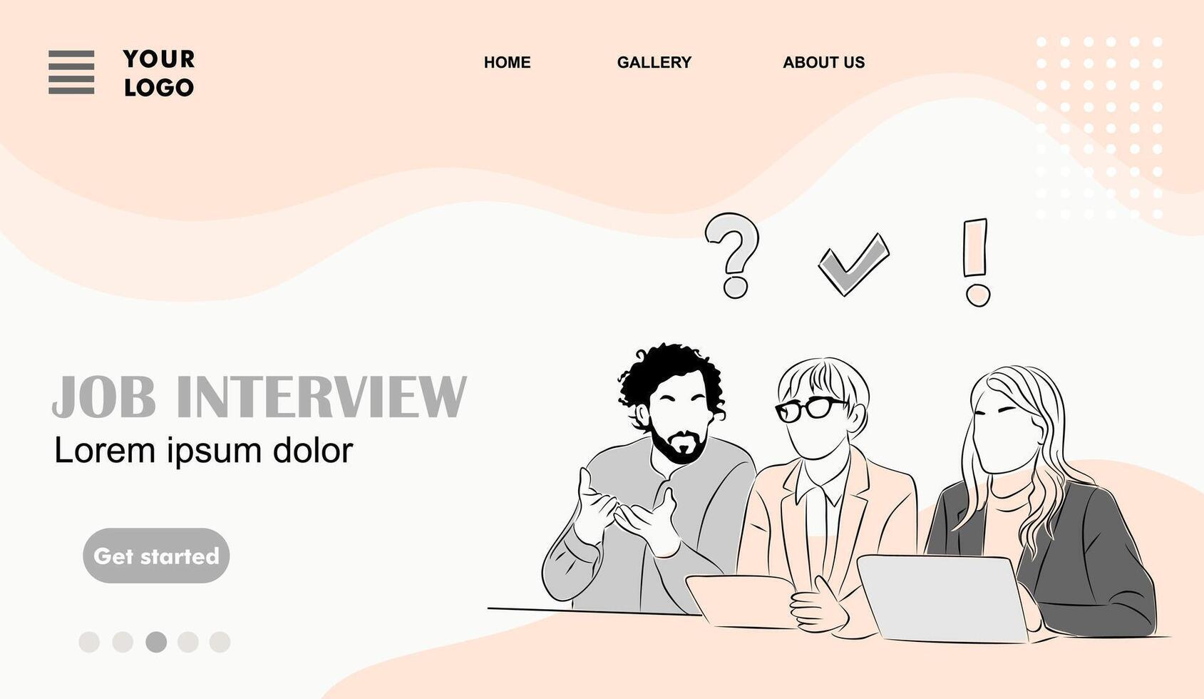 Job interview landing page template with hand drawn business scene of professionals sitting on the desk with laptop. vector