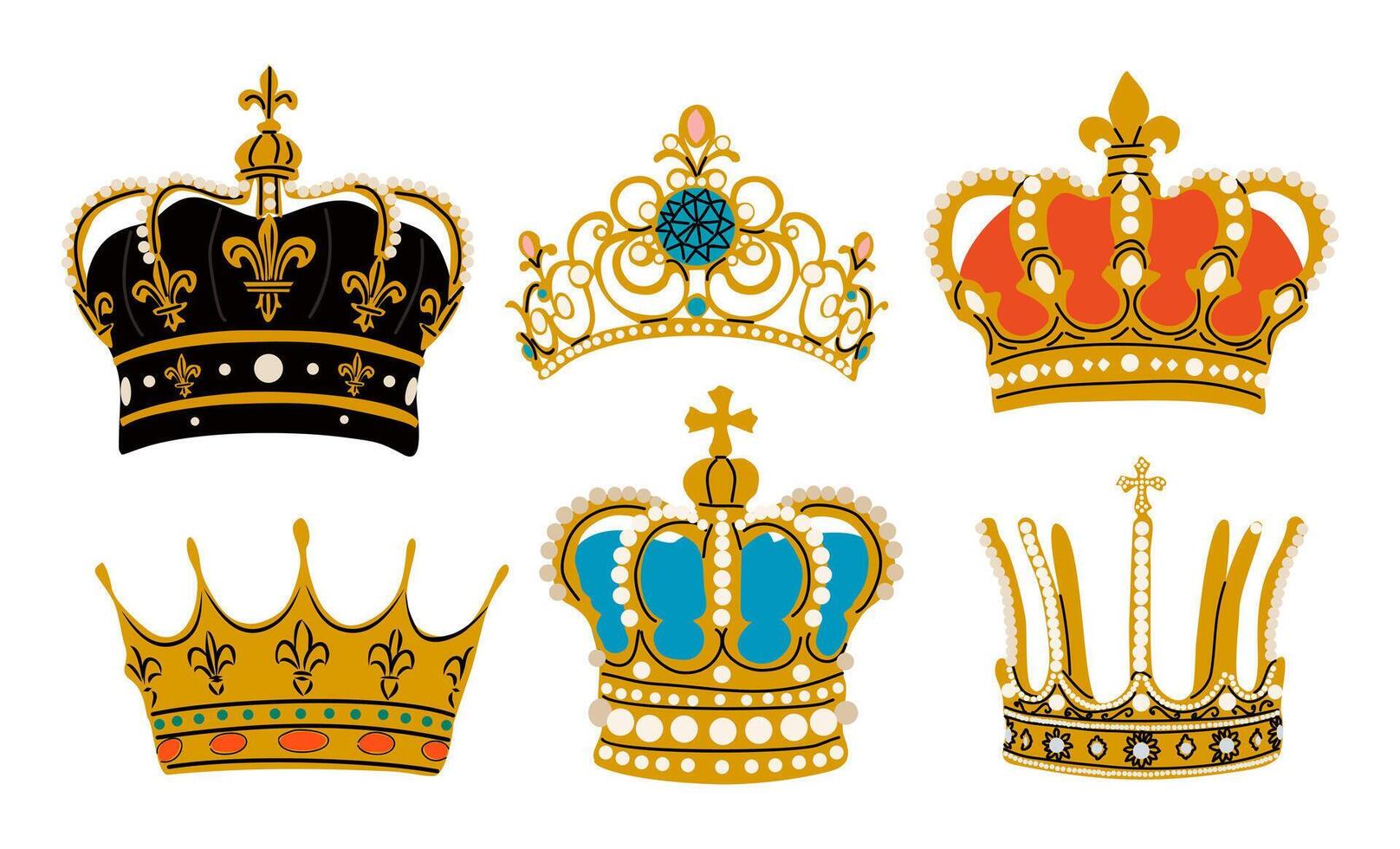 Set of royal crowns different colors and shapes vector