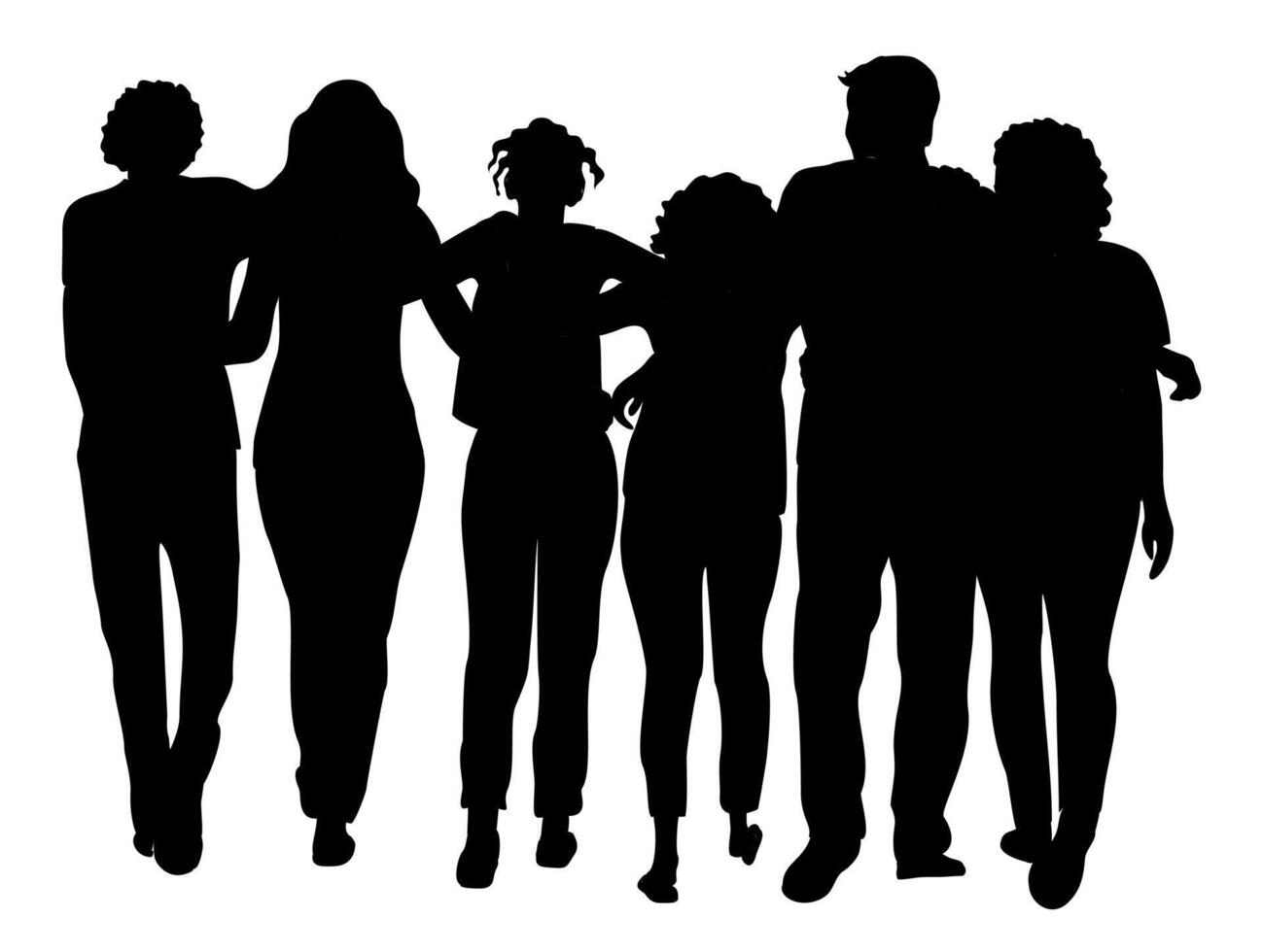 Silhouette of team of men and women hugging. Crowd of people from behind, friends, community vector