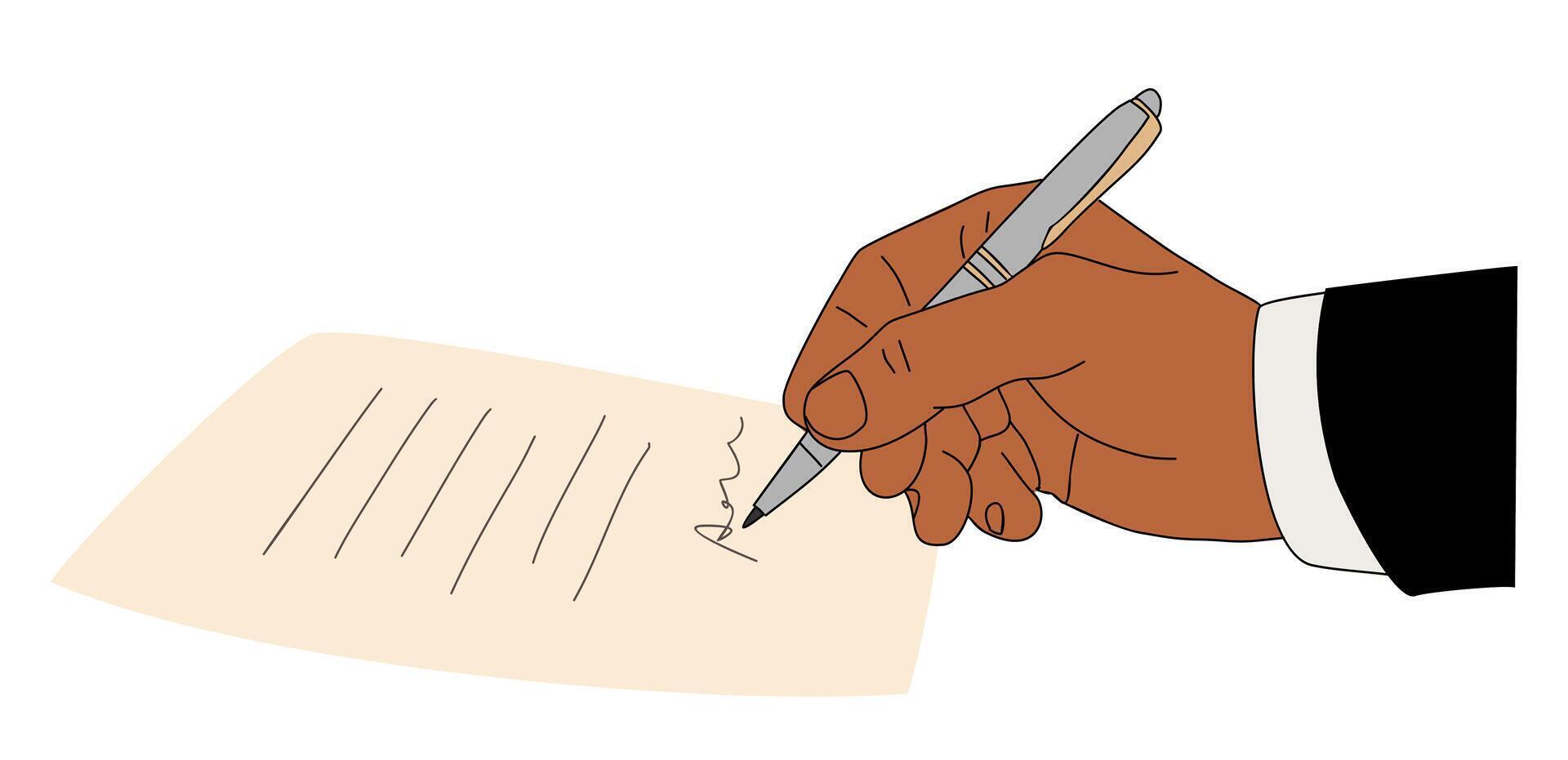 Hand signing business document. Signature on paper contract, legal agreement. Commercial deal conclusion, paperwork, verification concept vector