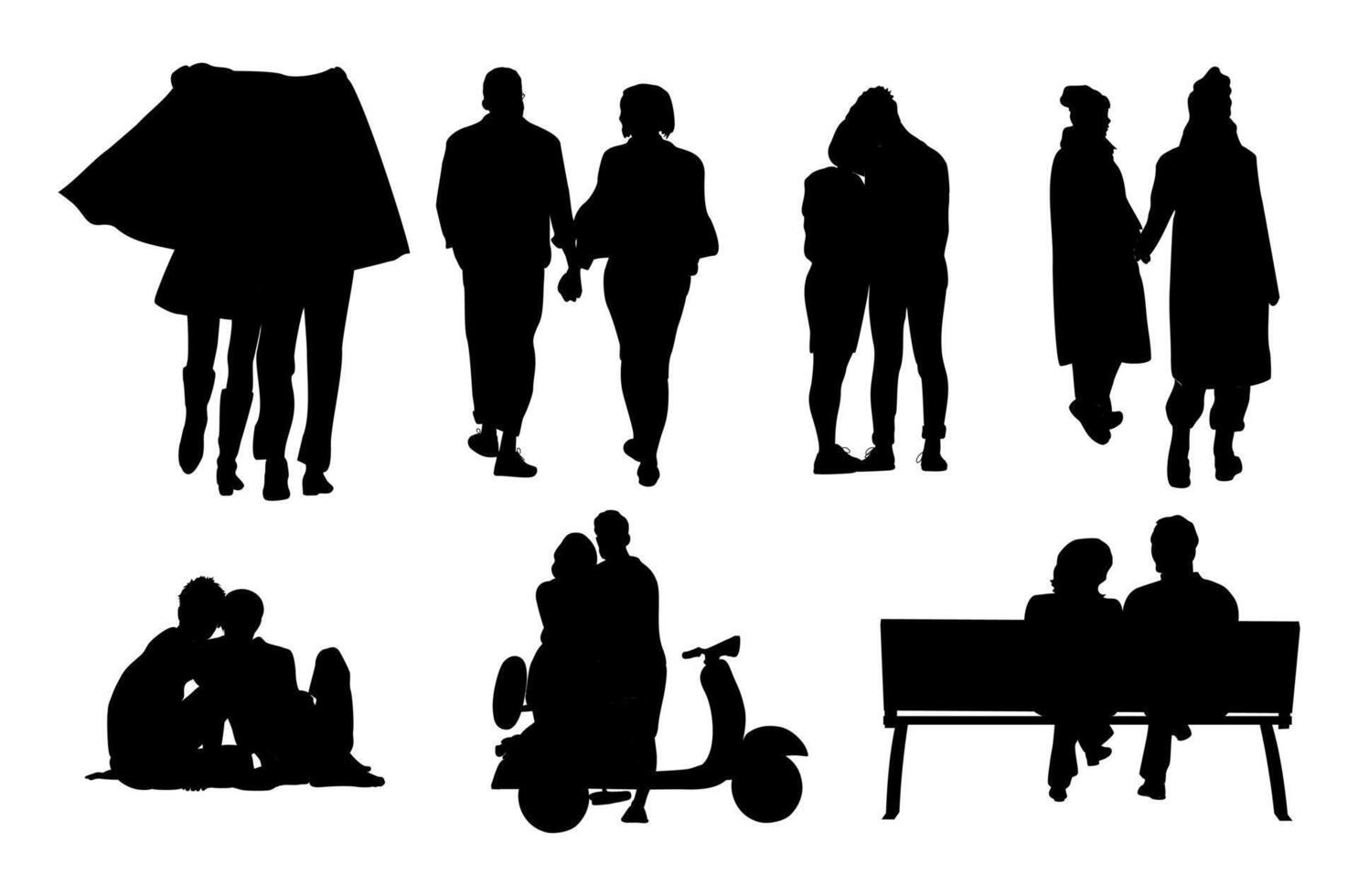 Silhouettes of Love couples dating, hugging, walking, back view. Men and women in romantic relationship, embracing, sitting, standing vector