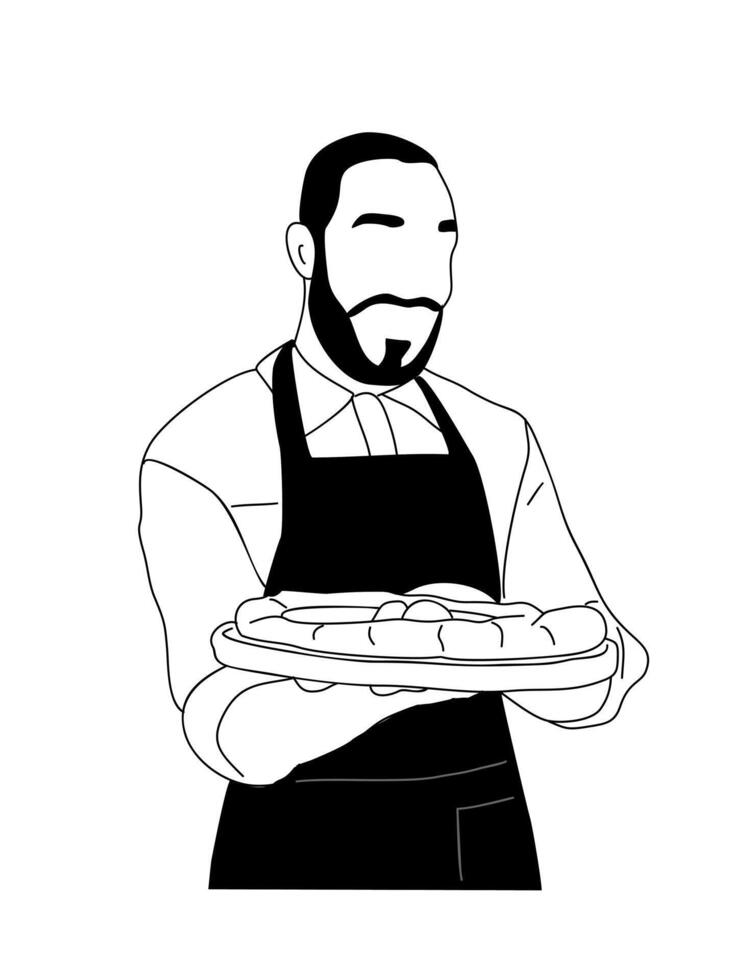 Small business owner wearing apron holding, presenting pizza vector