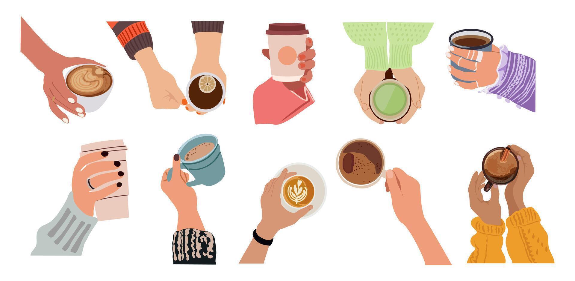 Collection of different hands holding hot drinks and beverage. Brewing or pouring green and black or matcha tea, cacao, espresso coffee vector
