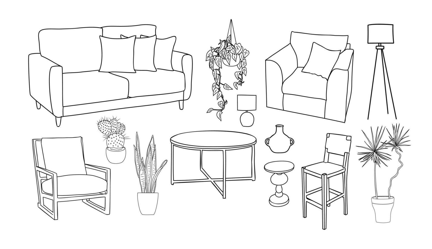 Collection of elegant modern living room furniture, home interior decorations of trendy Scandinavian or hygge style vector