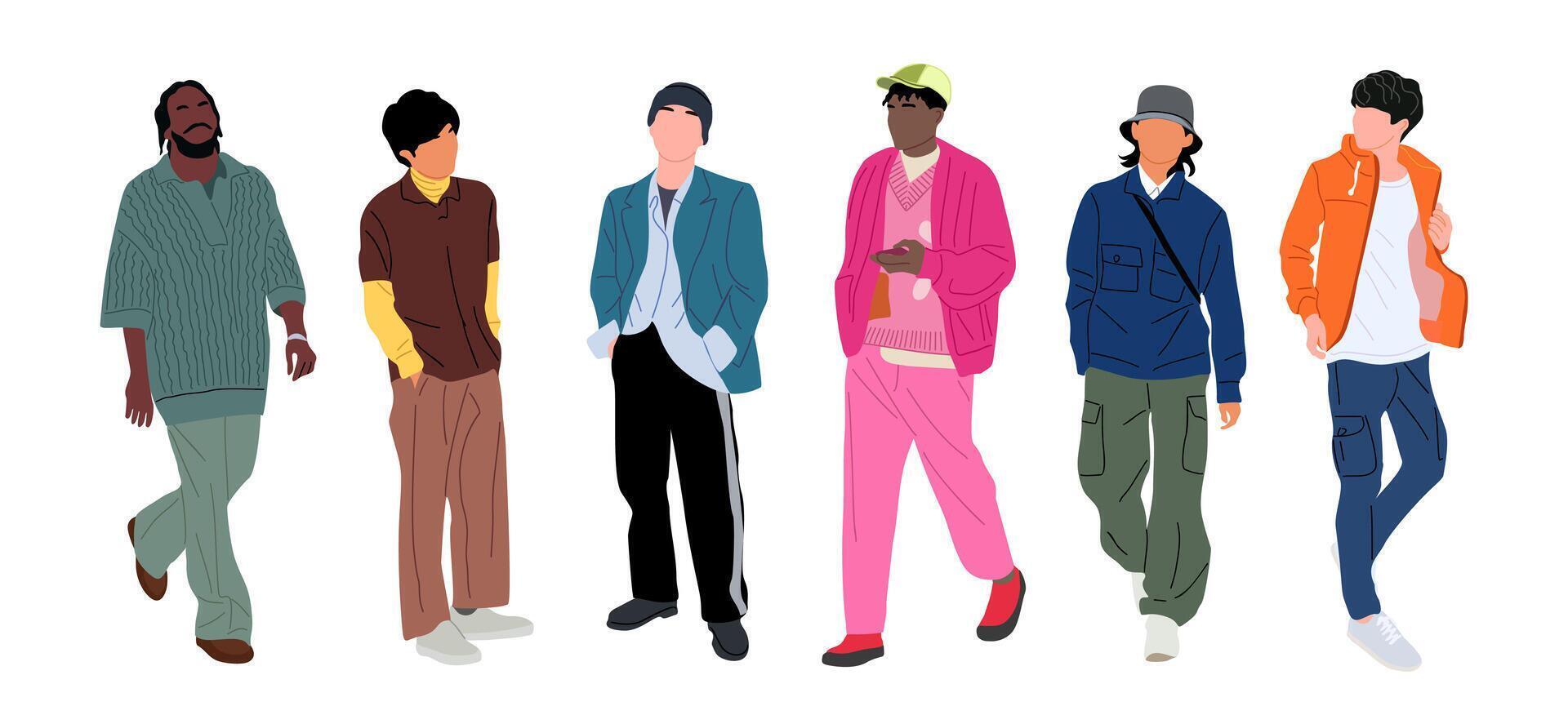 Set of Street fashion men illustrations. Young men wearing trendy modern street style outfit standing and walking. Cartoon stylish male characters isolated on white background. vector