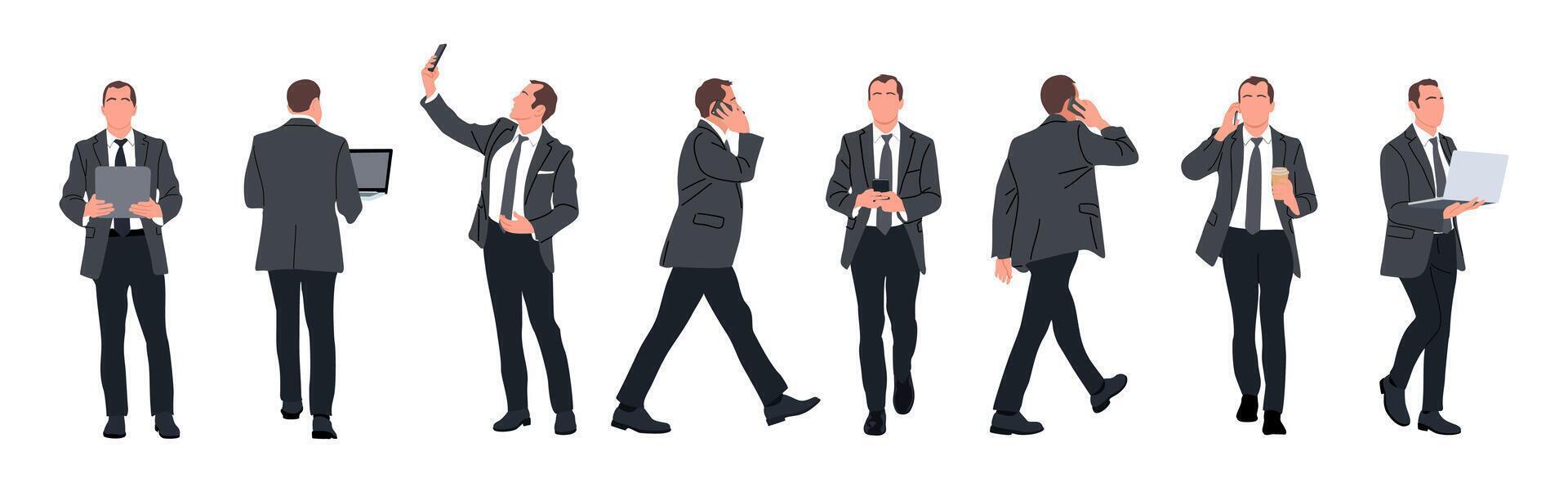 Set of Businessman character in different poses. Handsome man wearing formal suit standing, walking, using phone, tablet, laptop, front, back, side view. vector