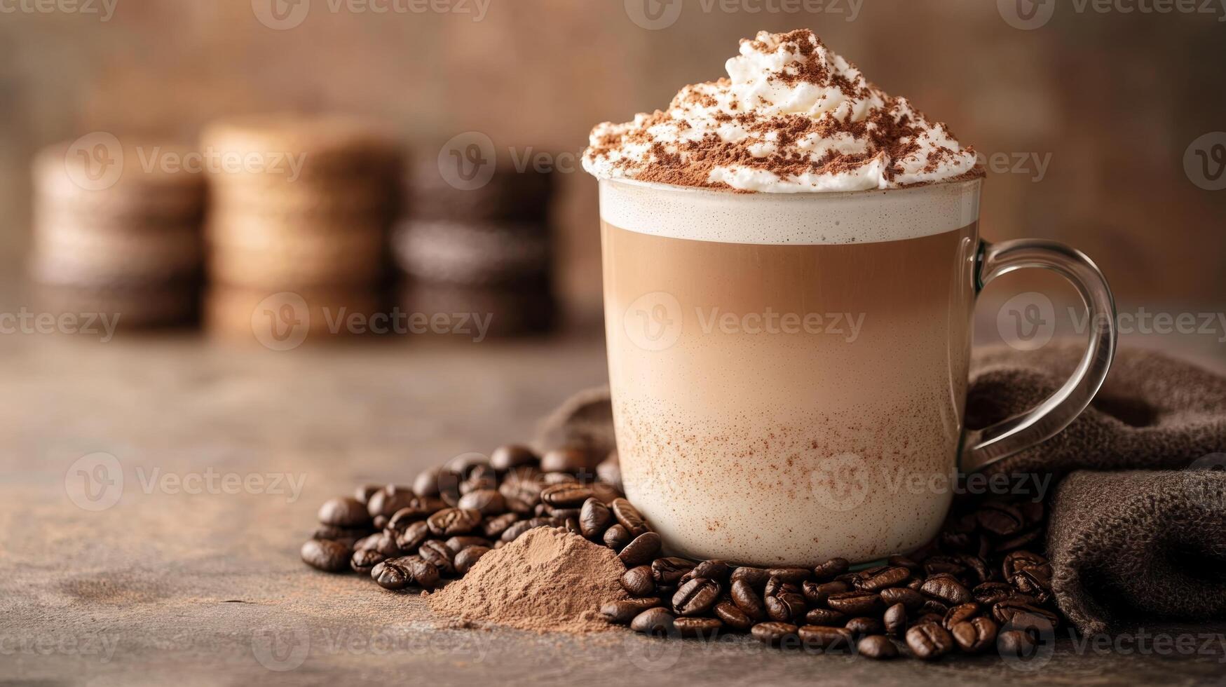 mocha mousse - color of the year 2025. cup of cappuccino coffee on wooden background . photo
