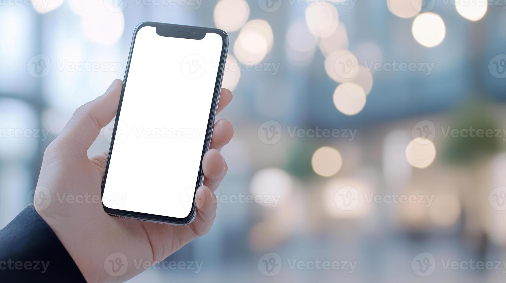 hand holding smartphone with white mock up screen, bokeh background photo