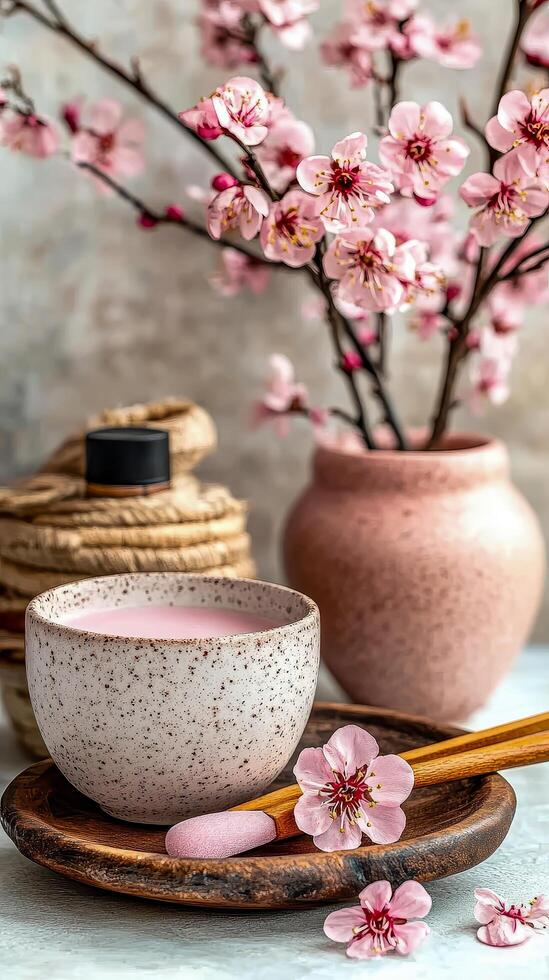 Delicate blossoms and a serene beverage create a tranquil setting for relaxation and rejuvenation photo