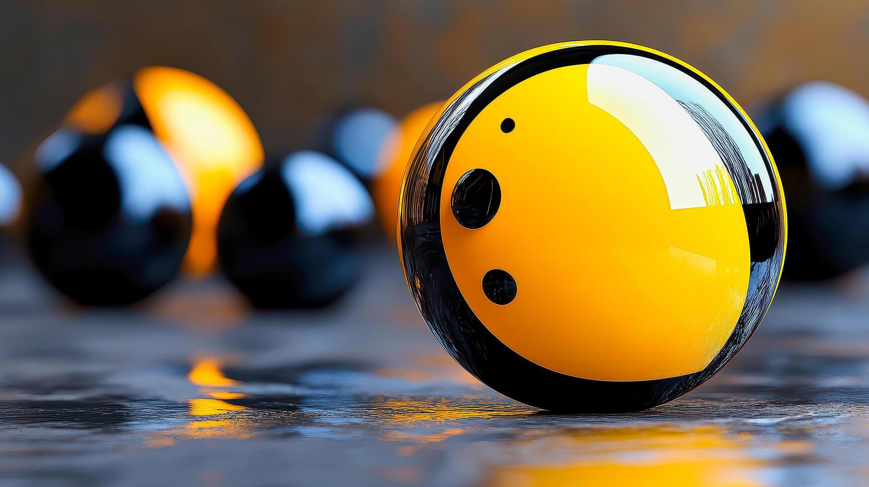Colorful spheres with vibrant reflections captured on a smooth surface in a playful arrangement during golden hour photo