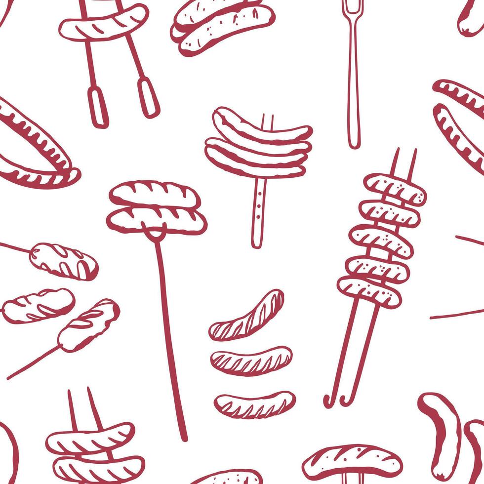 Seamless pattern with hand drawn different barbecue sausages. Grilled food on white background vector