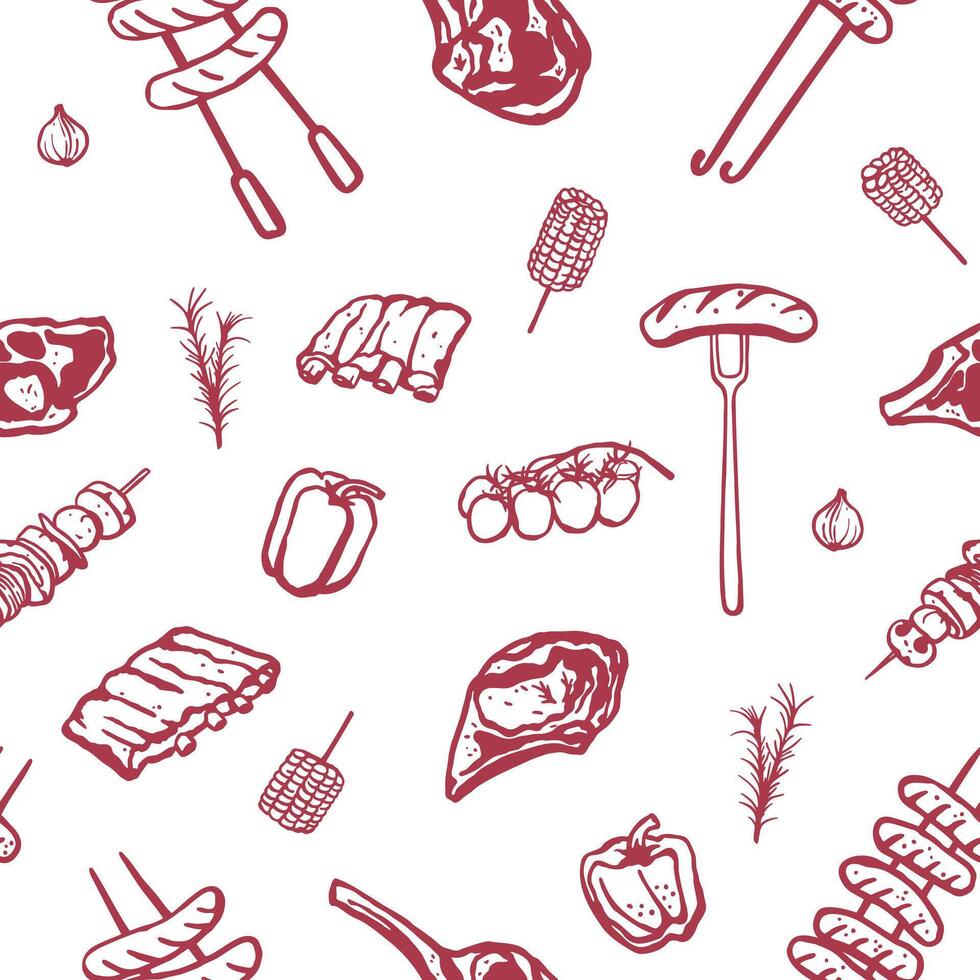 Hand drawn barbecue food seamless pattern. Grilled meat and vegetables on white background vector