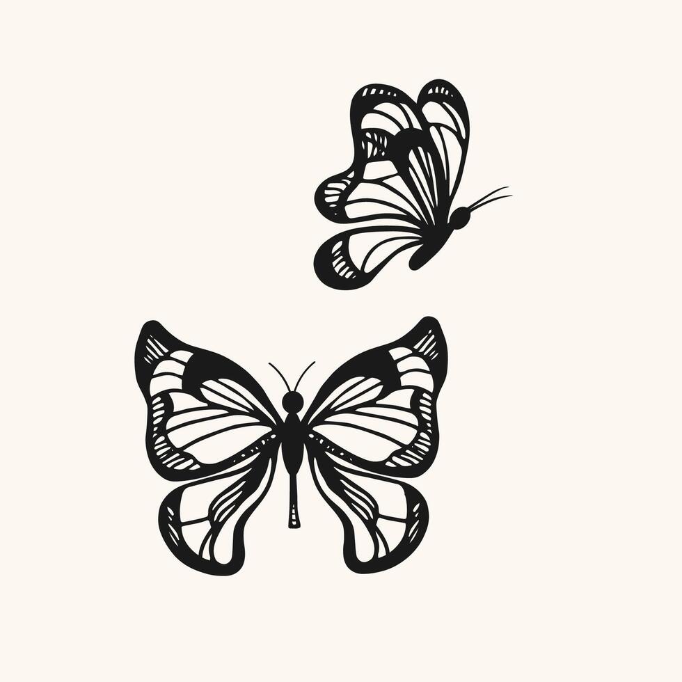 Sketch with Butterflies on isolated background. Hand drawn illustration with flying moth insects with wings for tattoo, icon, sign, print, card, paper. Animals, wildlife, beauty vector