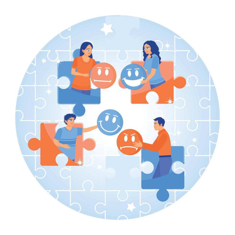 People in the team are holding emoji icons with puzzle elements. vector
