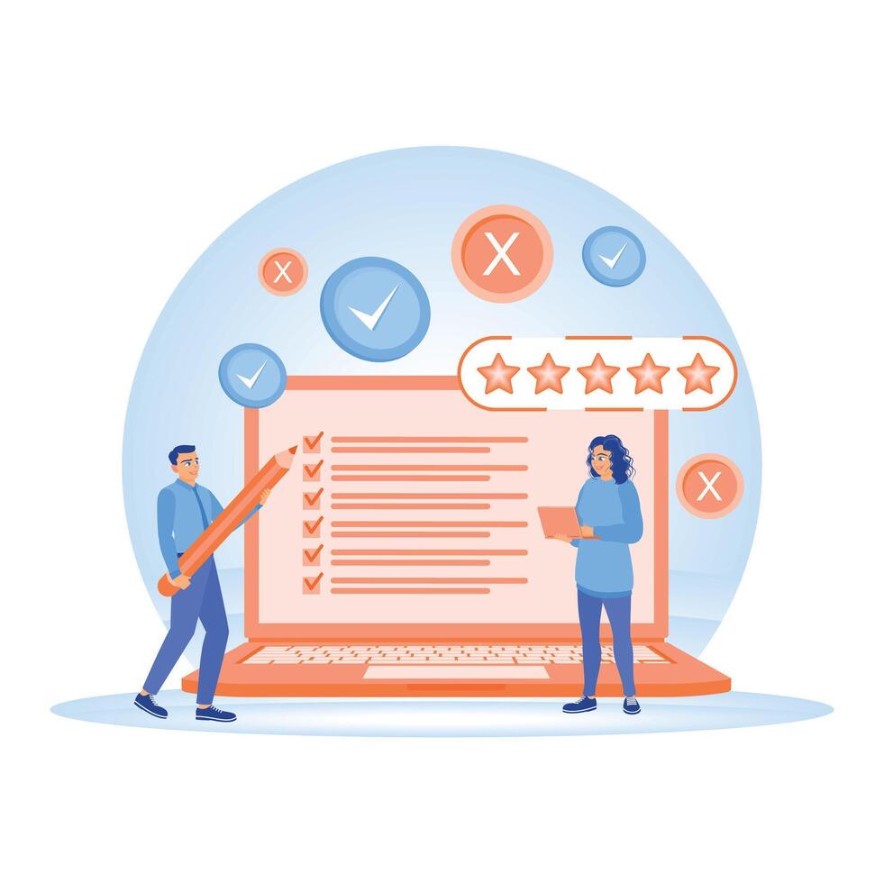 Positive feedback with an online survey, pencil marking, and 5-star. vector