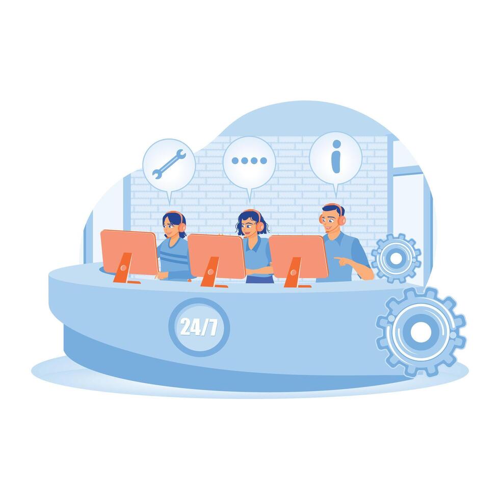 A 24 7 customer support team works in the call center. vector