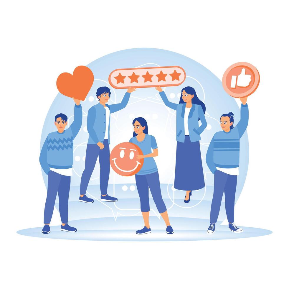 Positive feedback and customer satisfaction with emoticons, stars, hearts, and thumbs up. vector