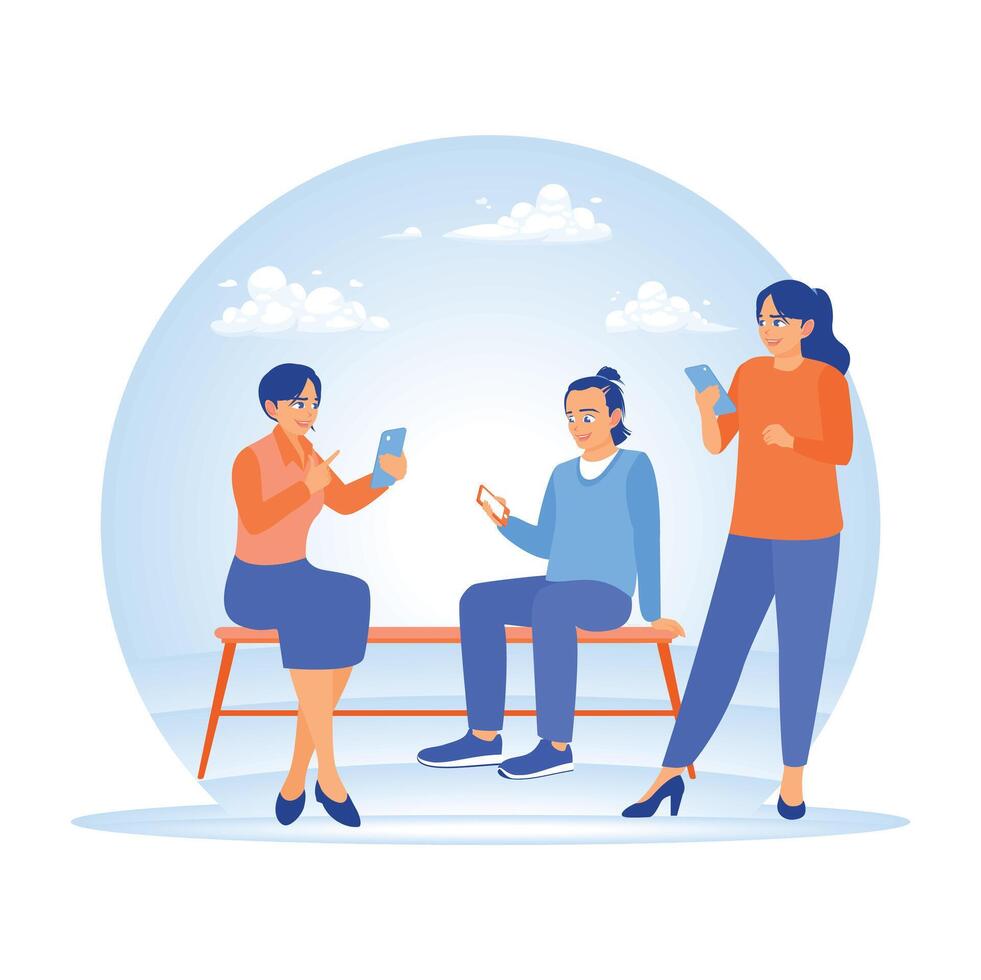 A group of young people using smartphones outdoors on a sunny day. vector