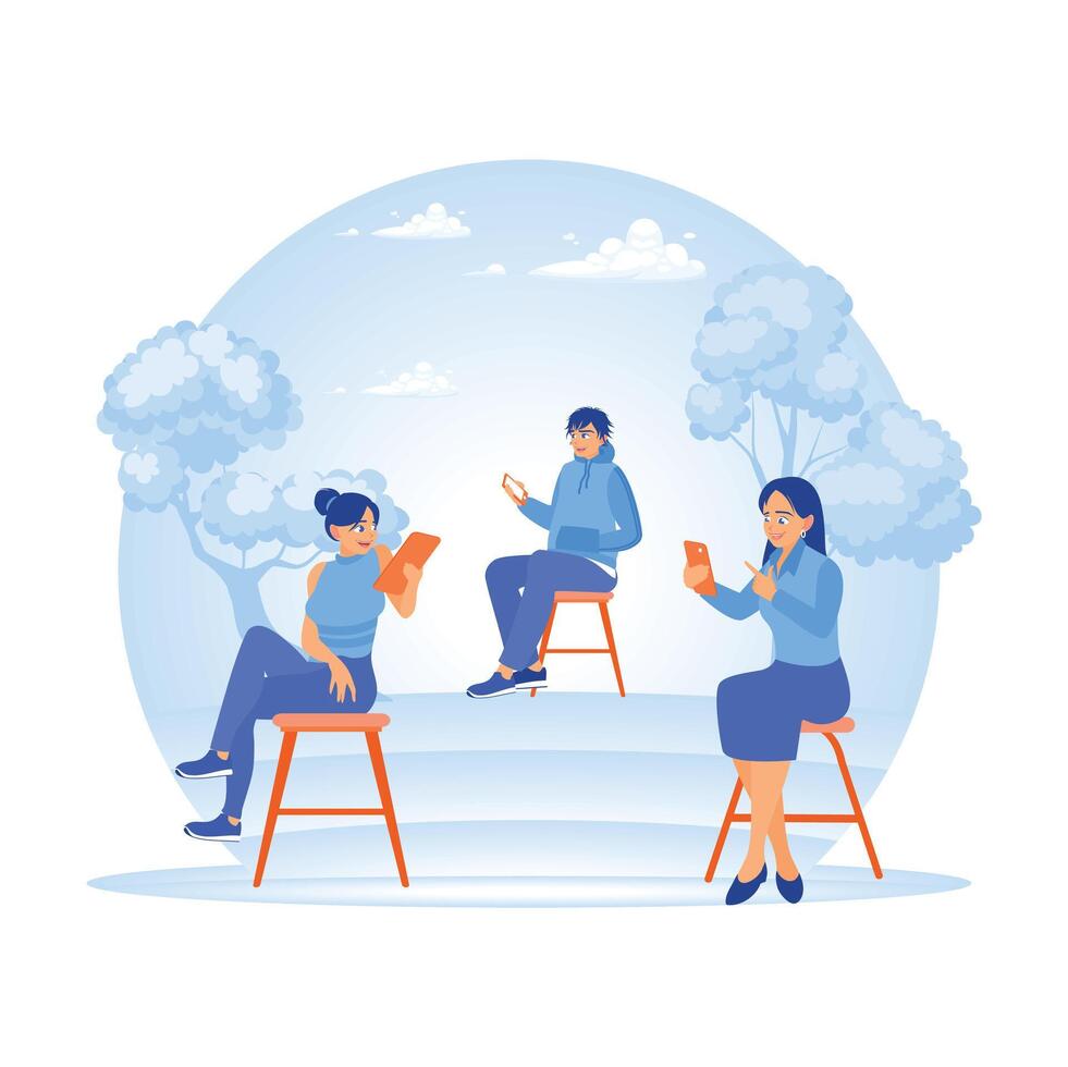 A group of people using smartphones in an outdoor environment. vector
