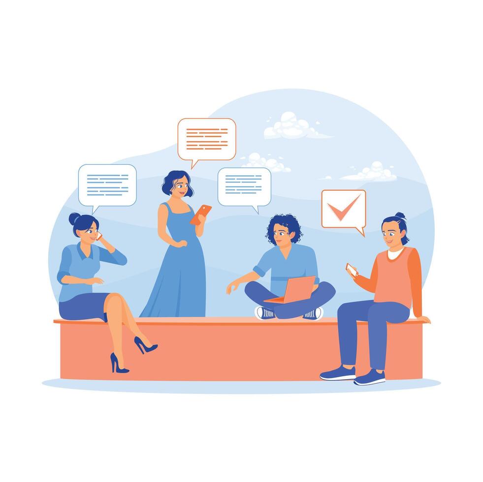 A group of teenagers chatting casually outdoors using devices. vector