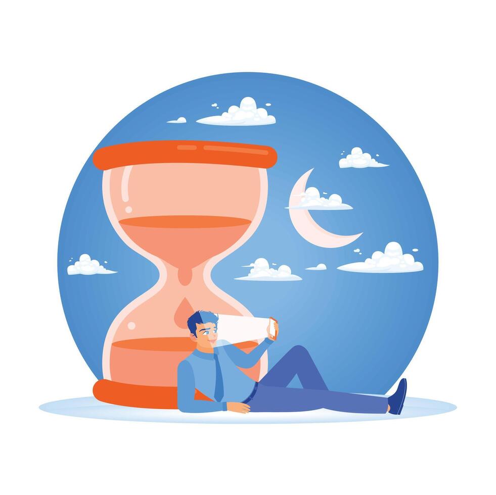 A man is addicted to playing on his cell phone. vector