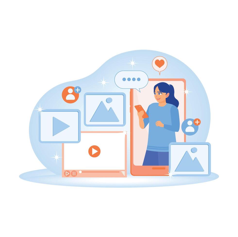 Women interacting with social media apps on a smartphone. vector