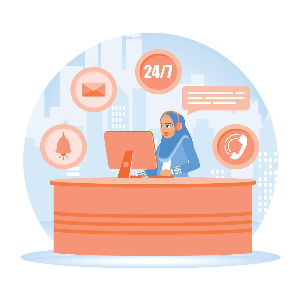 Customer support representative at the desk with the 24 7 help icon. vector