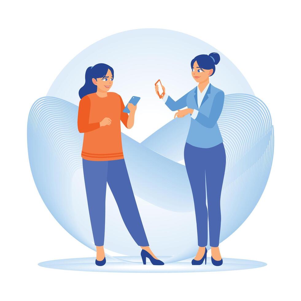 Two women use a smartphone together. vector