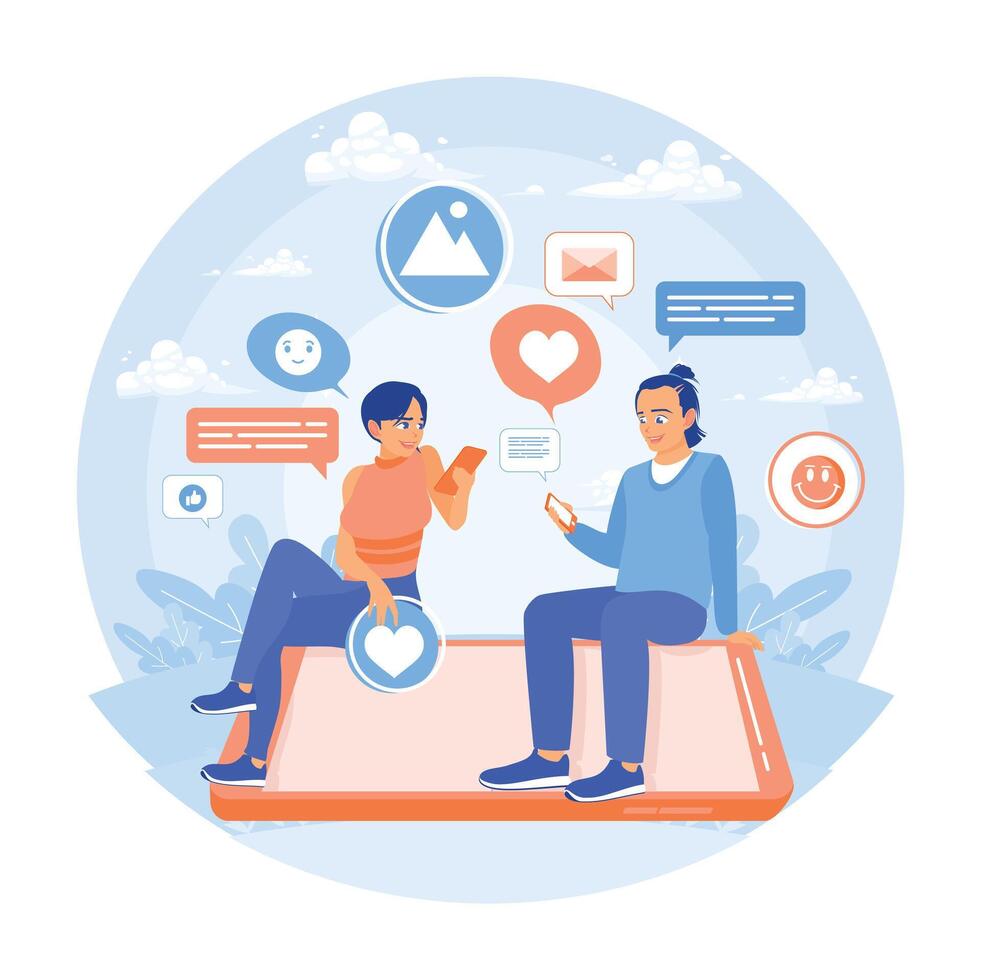 Man and woman chatting or texting on a smartphone. vector